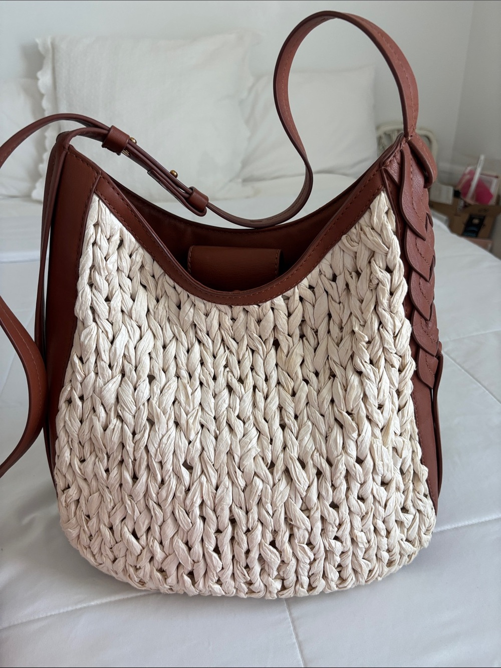 Vince Camuto Cream Woven & Brown Leather Shoulder Bag